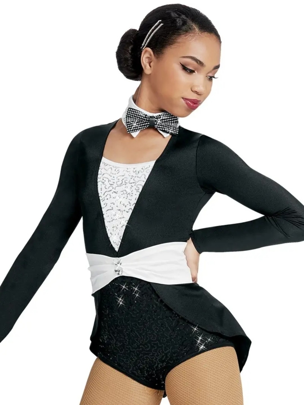 Weissman Black & White Dance Leotard Top with Bow Accent